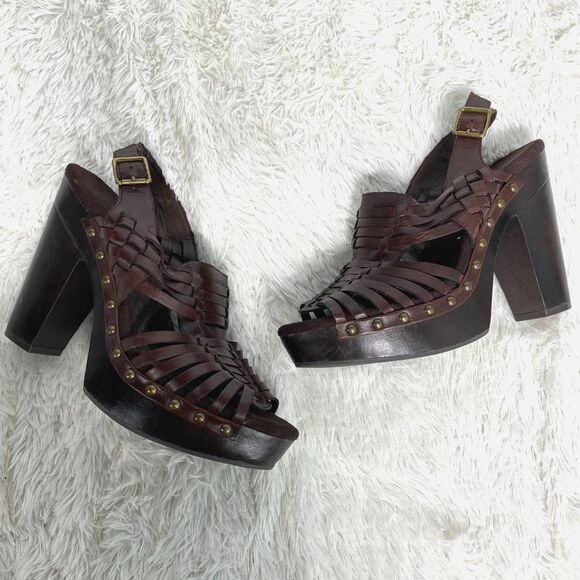 Zodiac Vintage Brown Leather Woven Platform Block Heels Approx 9 - Picture 1 of 10